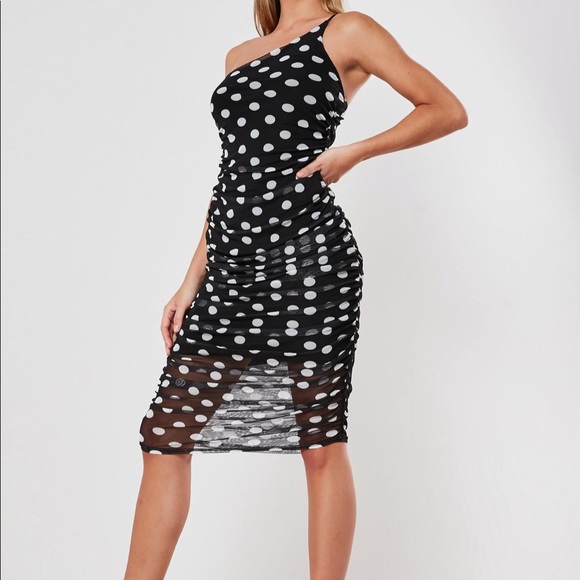 Polka dot mesh one shoulder midi dress - Picture 2 of 3